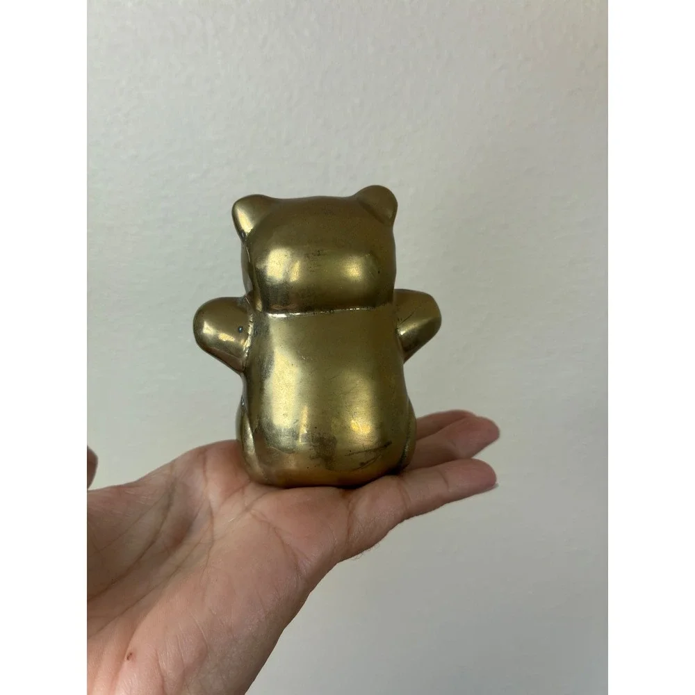 Vintage Solid Brass Teddy Bear Figurine Paperweight Red Ribbon Made in Taiwan